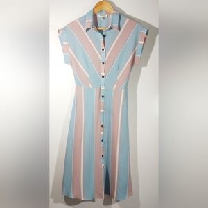 MONTEAU Blue&Pink Pastel Collard TShirt Midi Dress Wood  Buttons